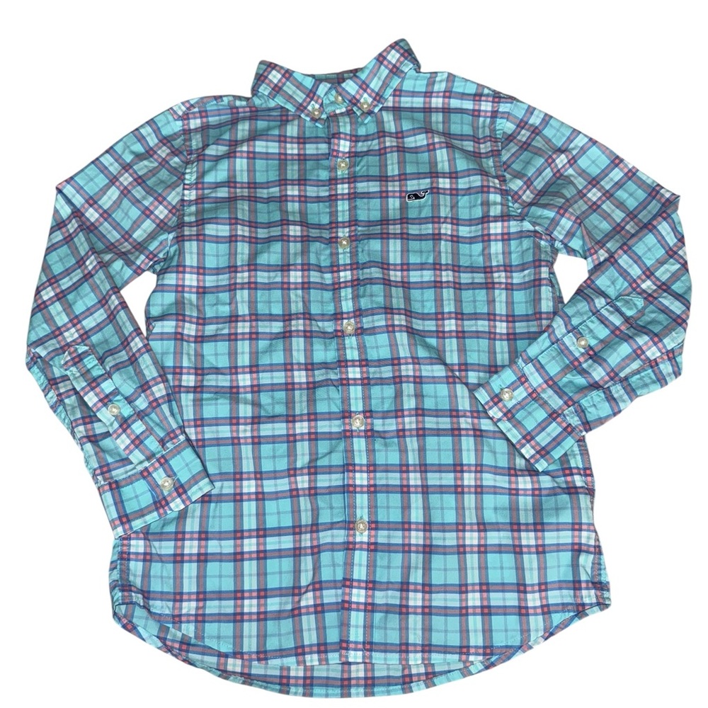 Vineyard Vines Kids Blue White and Pink Plaid Button-Up Long sleeve Shirt Size 6